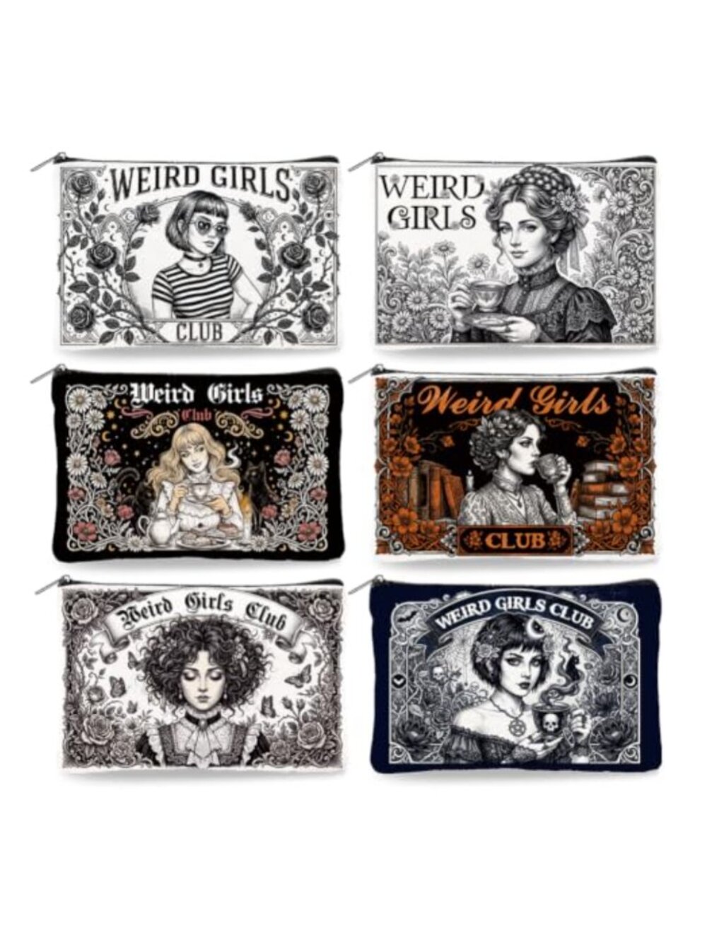 6Pc Vintage Canvas Makeup Bag Set Weird Lady Club Toiletry Travel Organizer